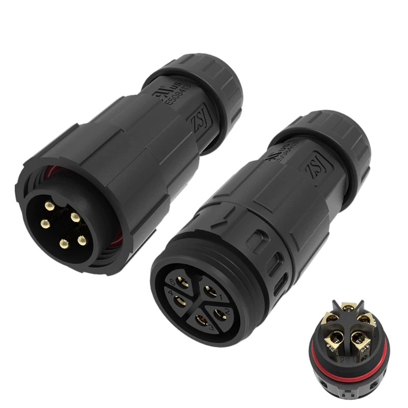 Elecbee M19 5 引线 IP68 螺丝锁连接器 一对 - 300V/15A,适用于 EV/工业设备