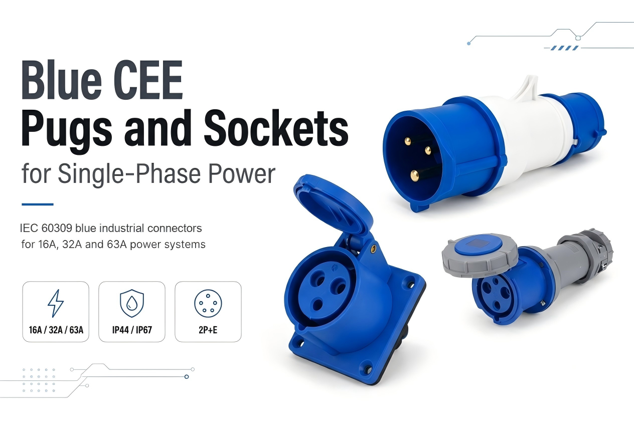 Blue CEE plugs and sockets for single phase IEC 60309 power applications
