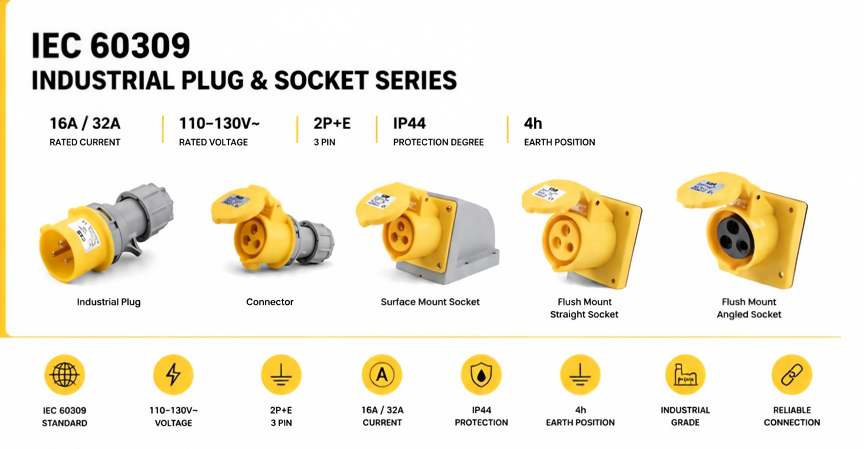 IEC 60309 industrial plug and socket series showing current rating voltage poles IP rating and earth position