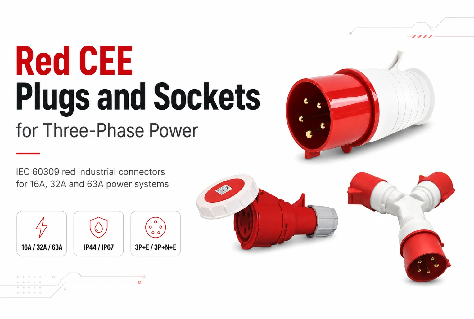 Red CEE plugs and sockets for 3P+E and 3P+N+E IEC 60309 three phase industrial power