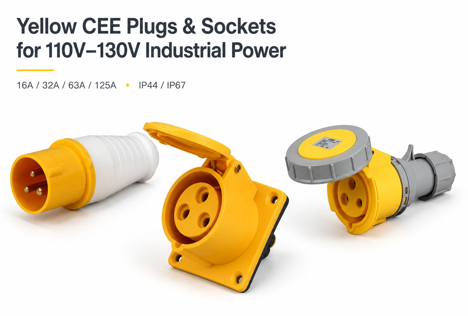 Yellow CEE plugs and sockets for 110V 130V IEC 60309 site power applications