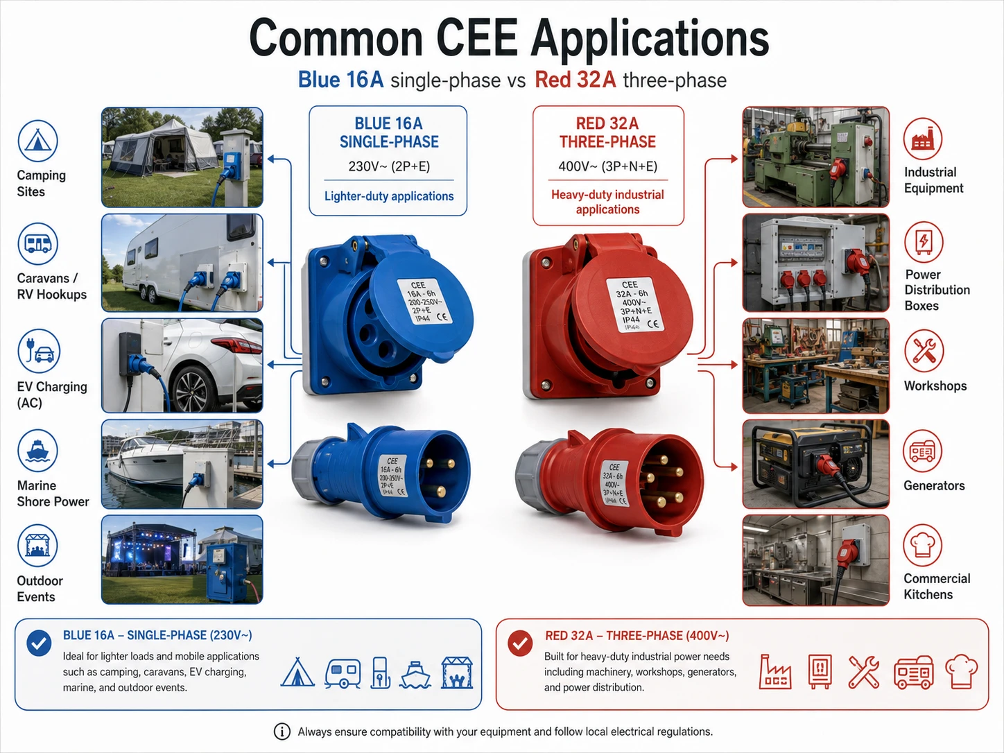 Common CEE applications for blue 16A single phase and red 32A three phase power