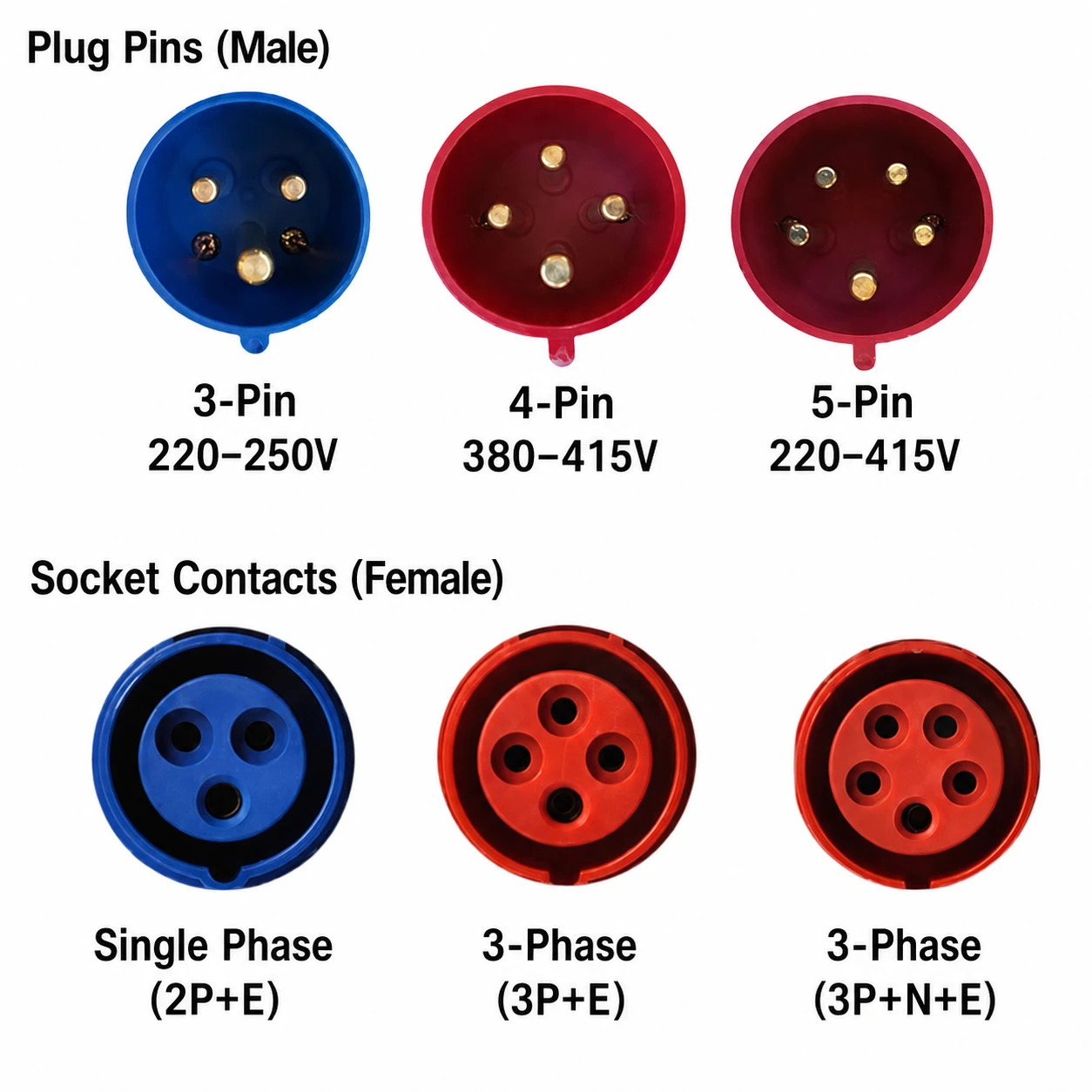 IEC 60309 CEE plug pin configuration showing 2P+E 3P+E and 3P+N+E