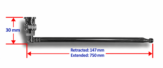 Telescopic BNC antenna dimensions from 147 mm to 750 mm