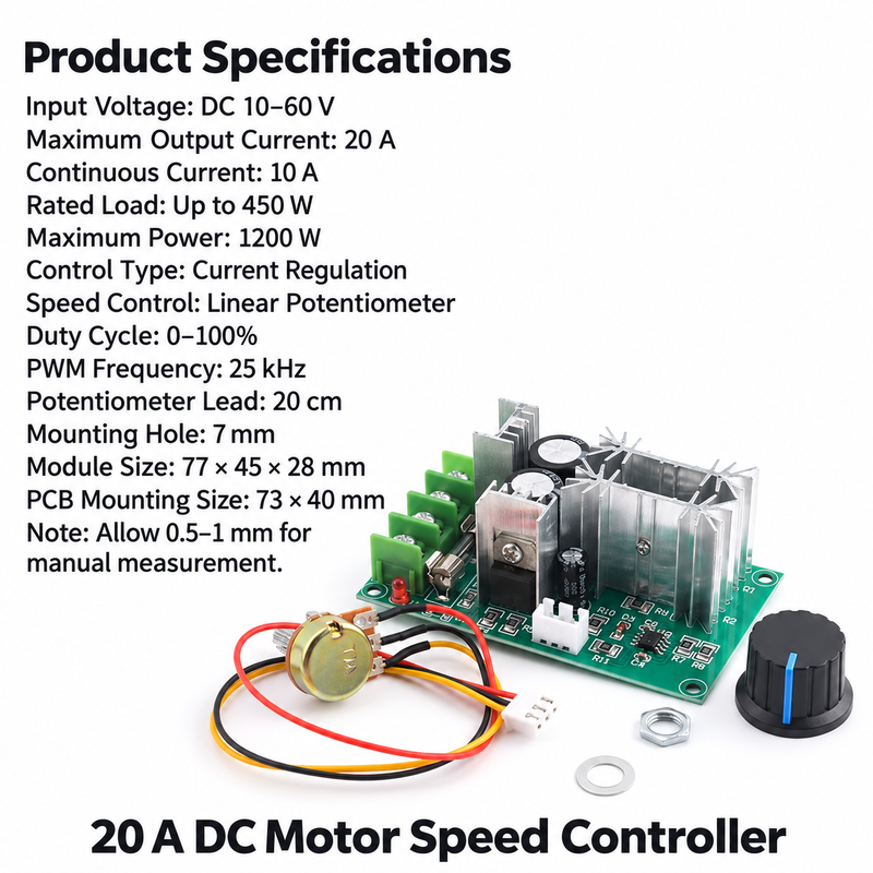 20 A PWM DC motor speed controller specifications and dimensions