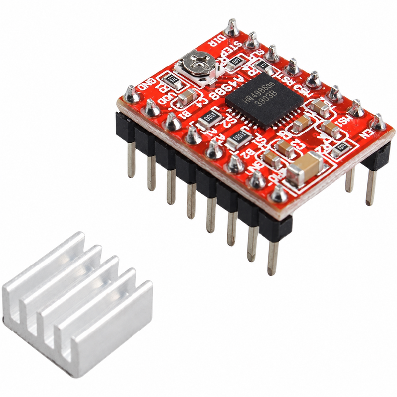 Elecbee A4988 红色步进电机驱动模块,8–35 V 电机电源,3–5.5 V 逻辑,最高可达 2 A,1/16 微步,散热器