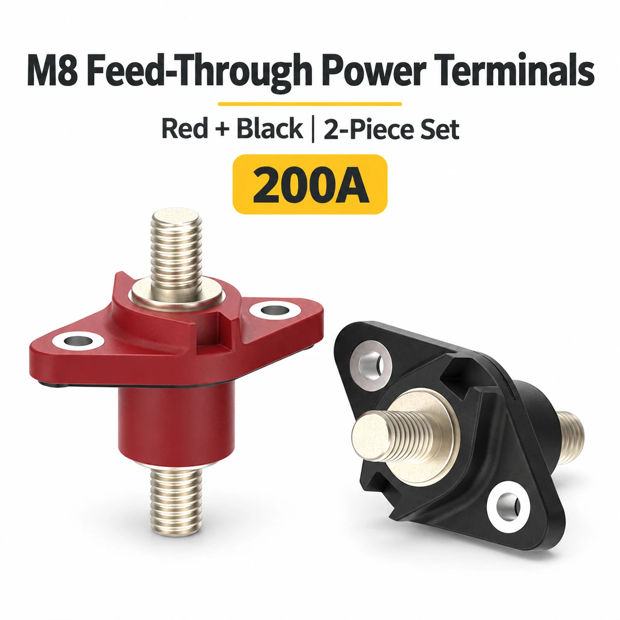 Red and black M8 200A feed-through power terminals supplied as a 2-piece set