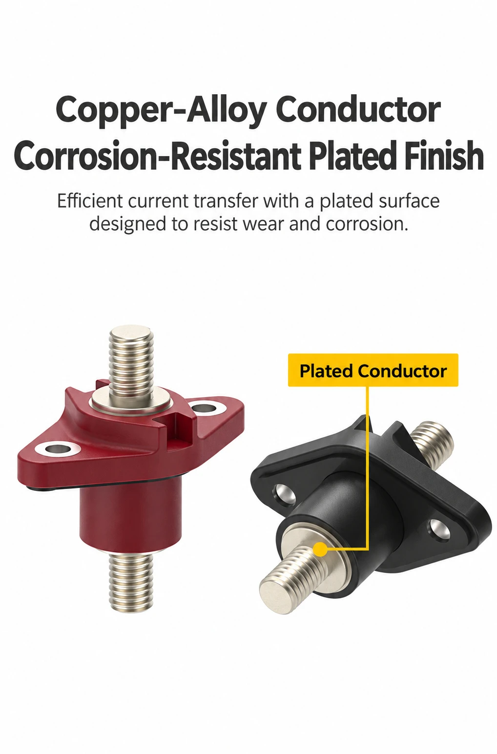 Plated copper-alloy conductor on red and black M8 feed-through terminals