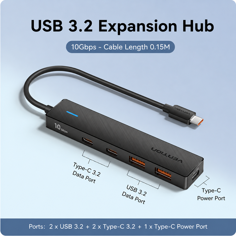Elecbee USB 10 Gbps 2 Port USB Type-A + 2 Port USB Type-C Hub with USB Type-C connector and PD 95 Watt