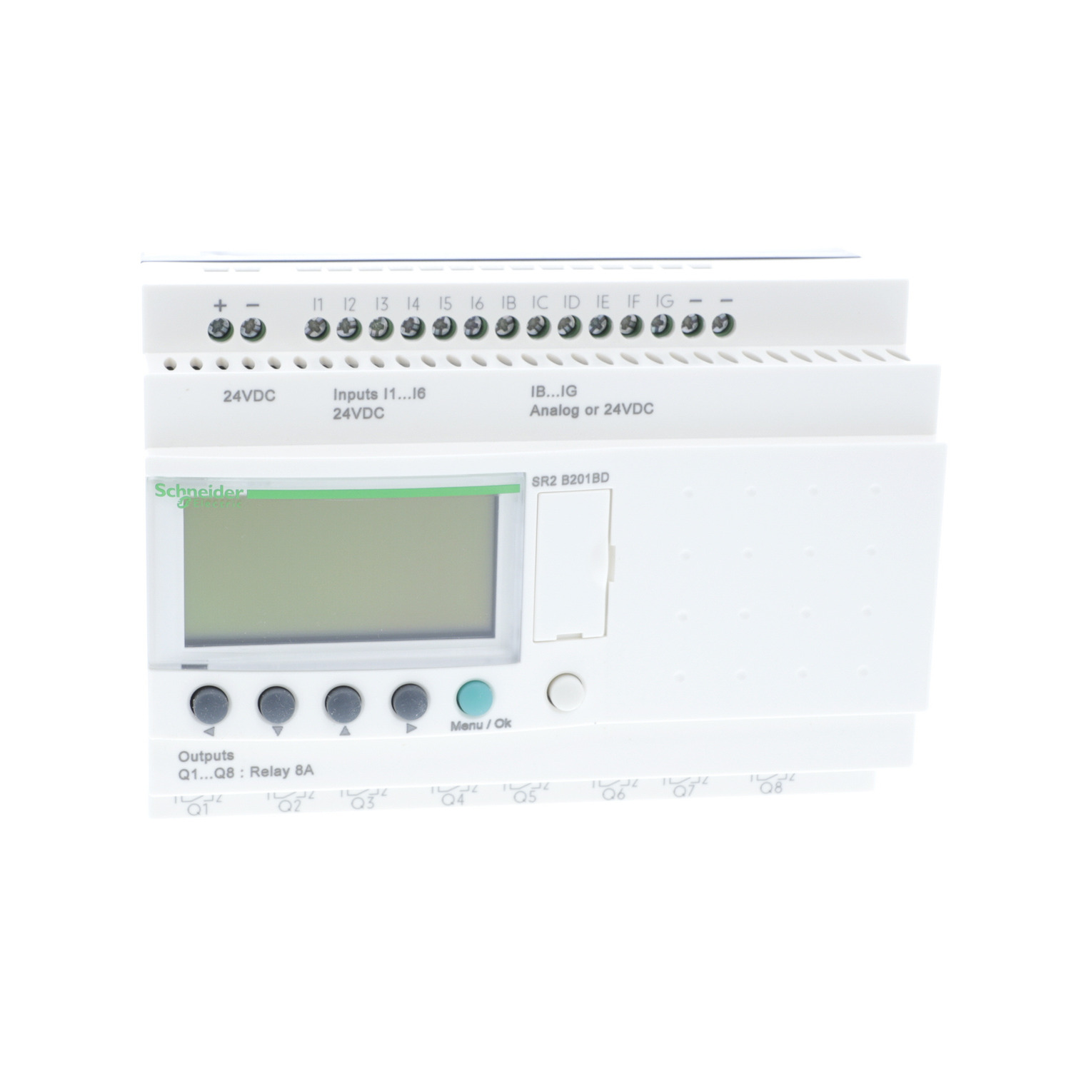 SR2B201BD compact smart relay, Zelio Logic SR2 SR3, 20 IO, 24V DC, clock, display, 8 relay outputs