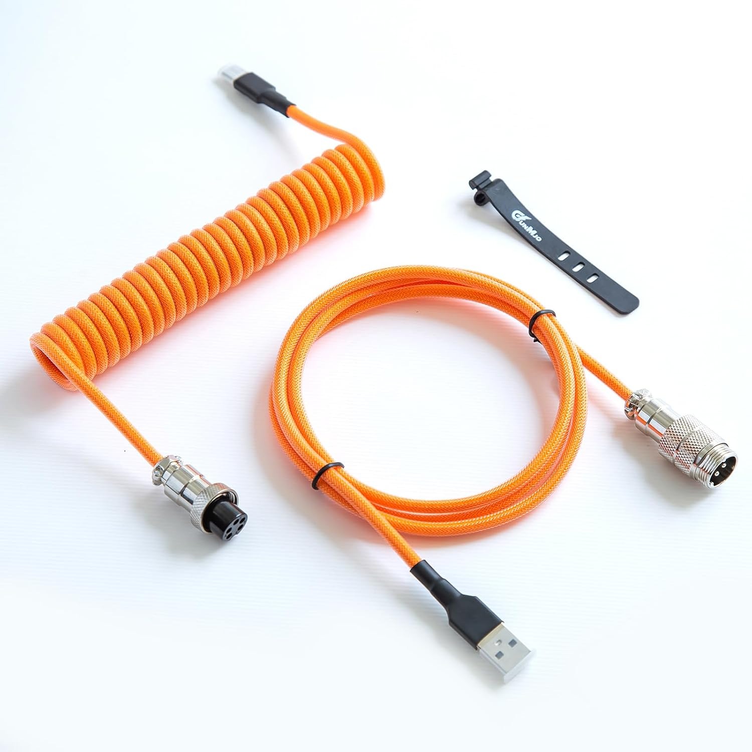 Elecbee USB-C 转 USB-A 定制螺旋线机械键盘连接线，双层编织，金属可拆航空头，1.5米（亮橙色）