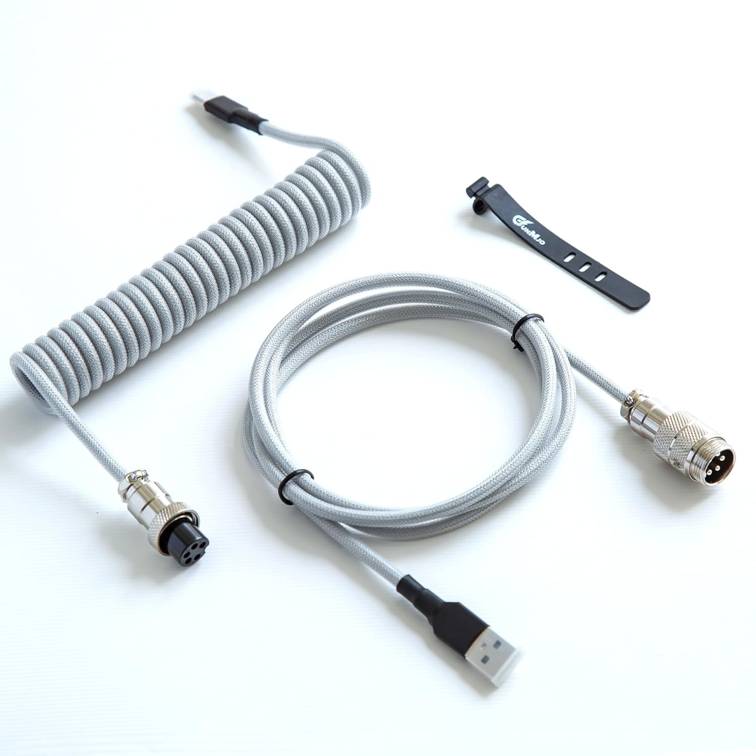 Elecbee USB-C 转 USB-A 定制螺旋线机械键盘连接线，双层编织，金属可拆航空头，1.5米（大理石灰）