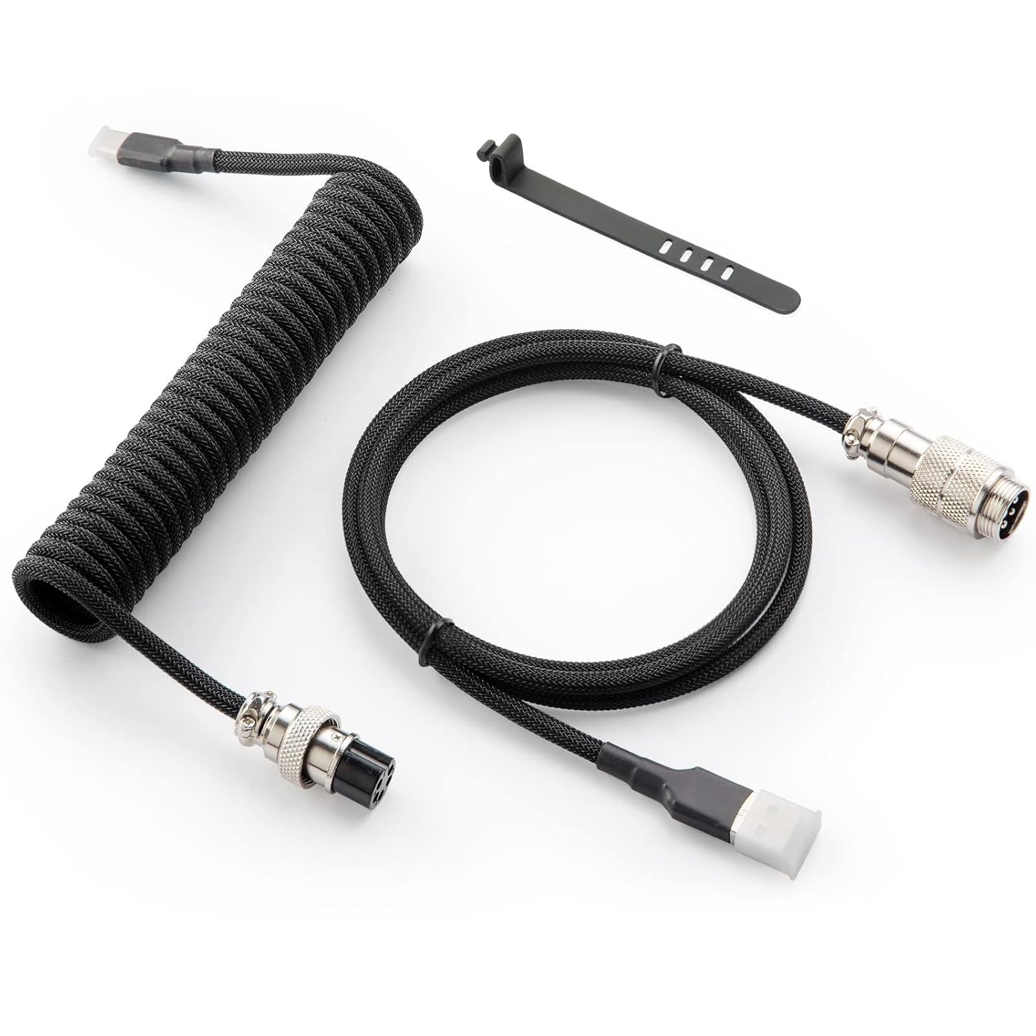 Elecbee USB-C 转 USB-A 定制螺旋线机械键盘连接线，双层编织，金属可拆航空头，1.5米（黑色）