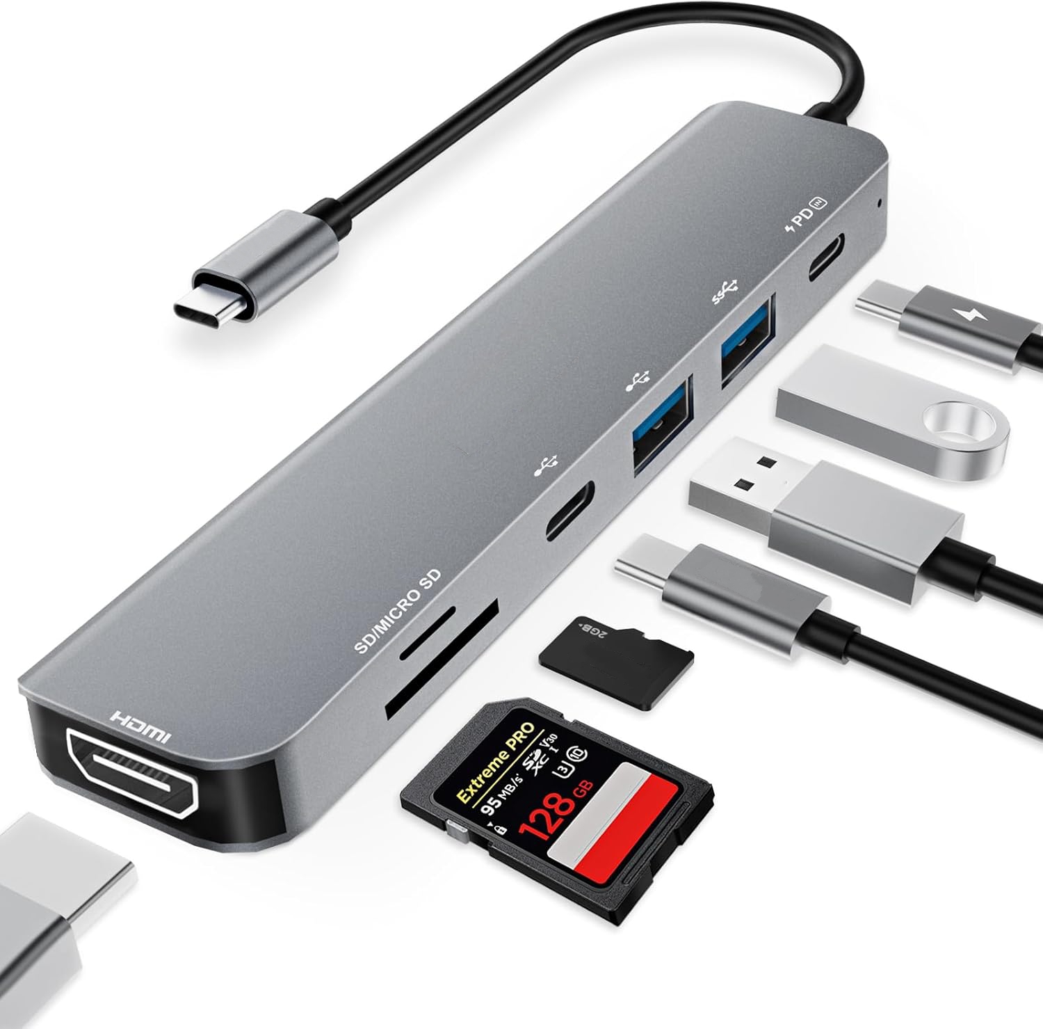 Elecbee 7 合 1 USB C 型集线器，带转 4K@30Hz HDMI+USB 3.0 端口+SD/TF 读卡器，多端口适配器