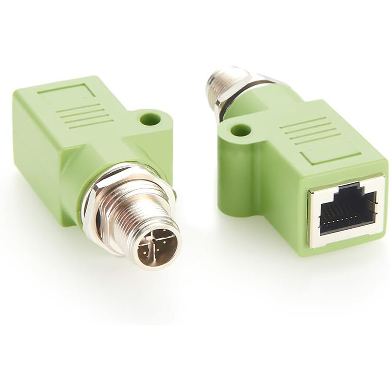 Elecbee 180° 直角 M12 X 型 8 针公头转 RJ45 连接器 - IP67 防水 CAT6A 工业以太网适配器