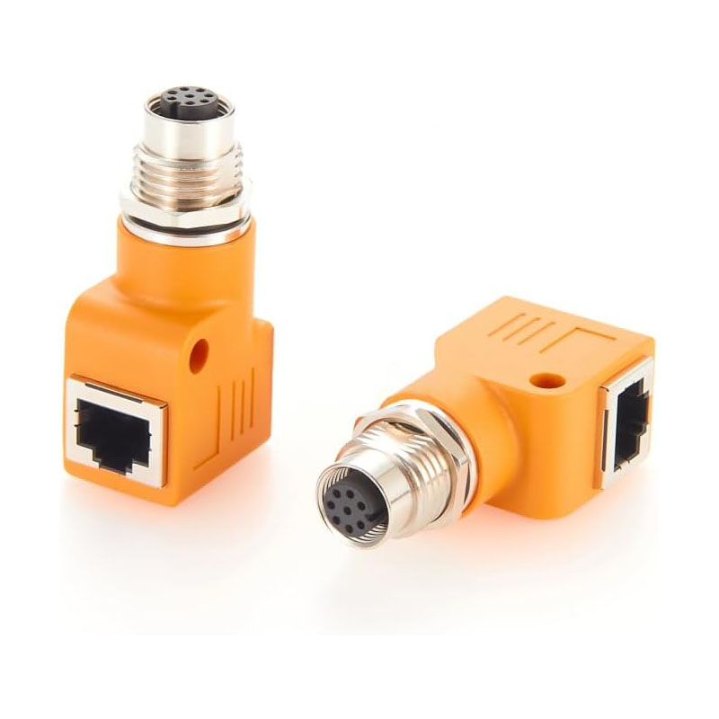 Elecbee Waterproof M12 Male/Female 8 Pin A Code to RJ45 Socket Orange Right Angled Adapter 