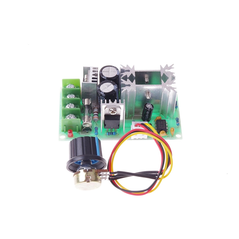 Vista frontale del controller motore PWM con manopola del potenziometro e cavo di collegamento