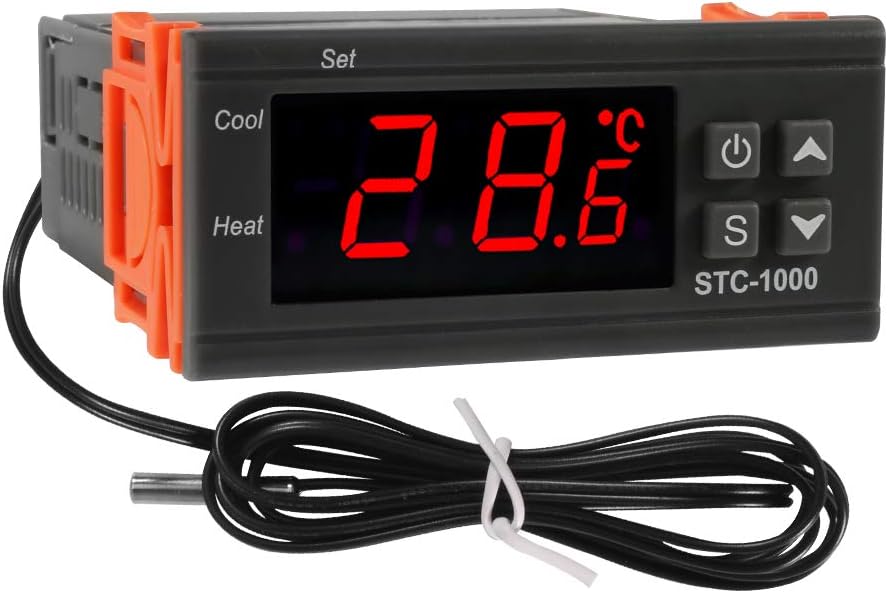 Elecbee Digital Temperature Controller STC-1000 Digital LED Display DC 12V/24V/110V-220V 10A Celsius Heating Cooling Centigrade Thermostat Sensor 2 Relay Output with NTC 10K Thermistor Sensors Temperature Probe