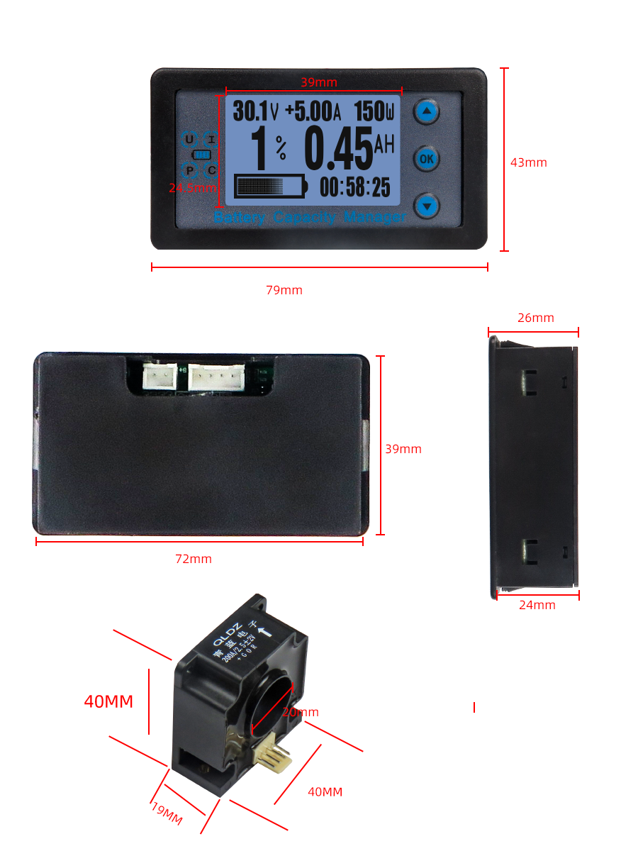 Elecbee 100A /200A /300A/500A LCD 组合表 电压电流 KWh 功率表 12V 24V 48V 96V DC120V 电​​池容量 电力监测 500A