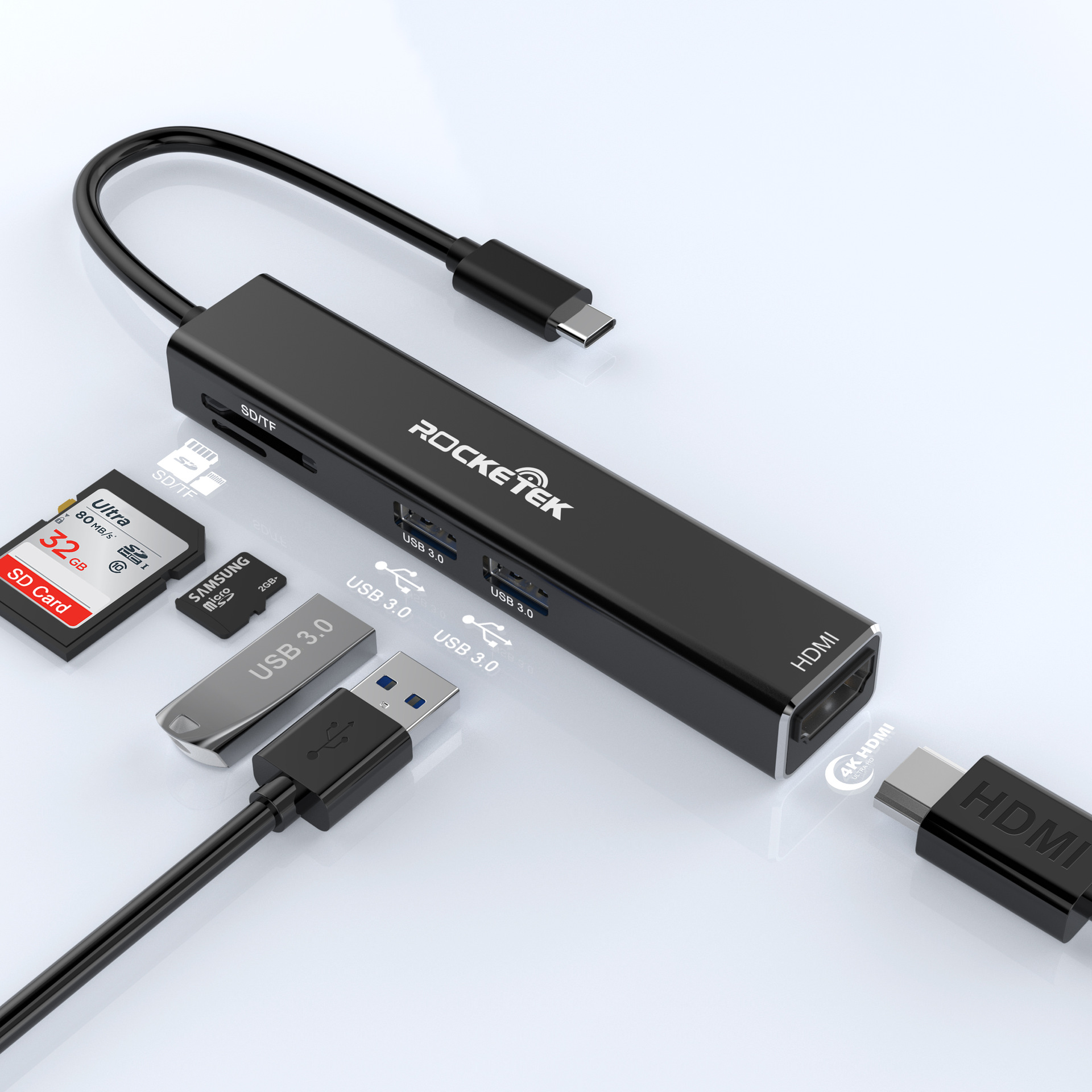 Elecbee Type-c拓展坞转USB3.0接口HUB带4K HDMI拓展坞USB3.0 SD/TF读卡器