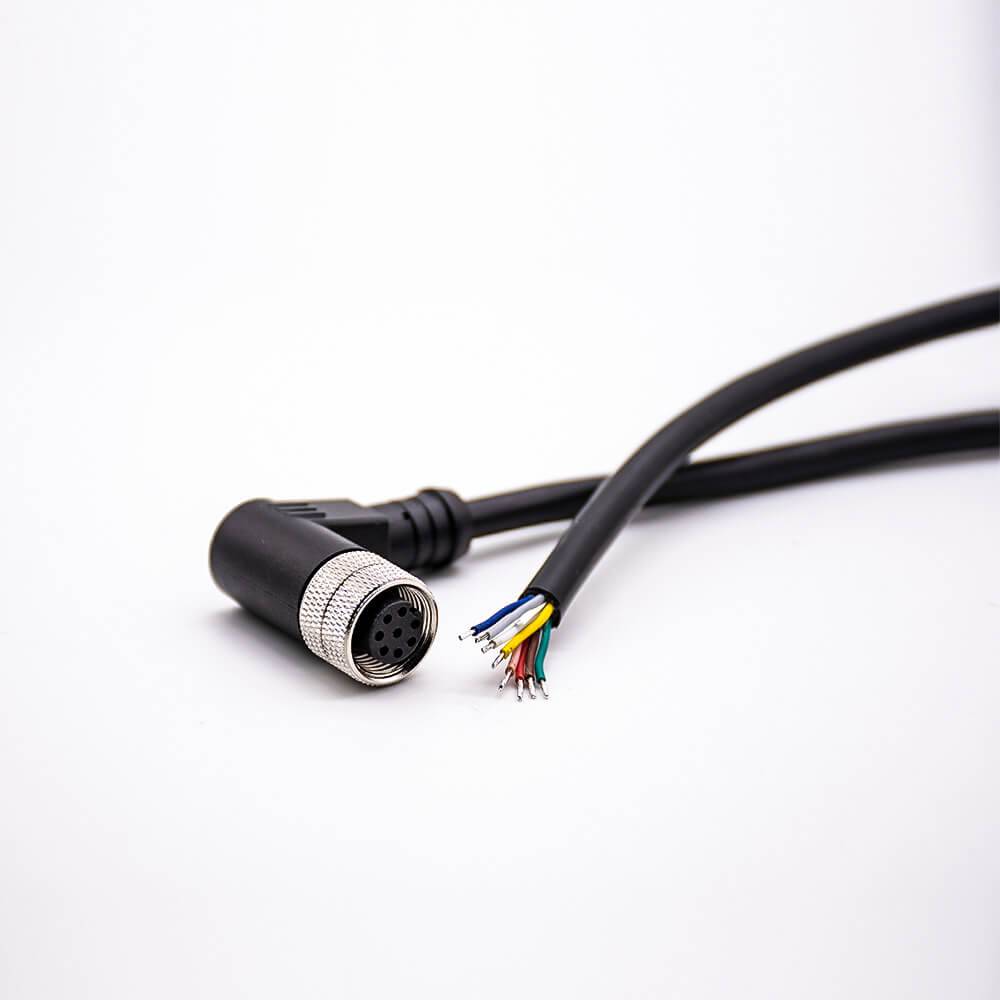 Elecbee M12 Female 8-Pin Right Angle Cable, A-Coded, IP67 Waterproof, 2M, 24AWG, Single-Ended Industrial Signal Cord