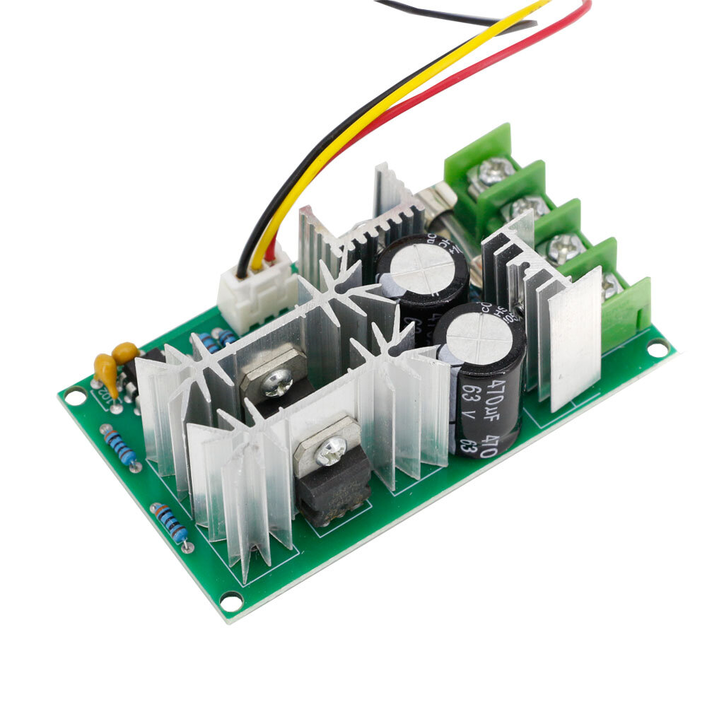 Close-up view of PWM motor controller heatsinks fuse and capacitors