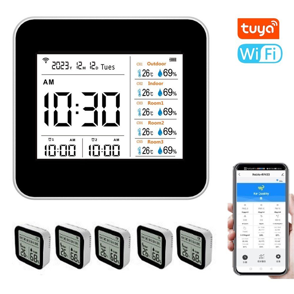 Elecbee 13-in-1 Tuya WiFi Intelligent Thermometer Hygrometer | Indoor Temperature Humidity Monitor with Remote APP Control, Time/Calendar/Alarm, Home Office Use