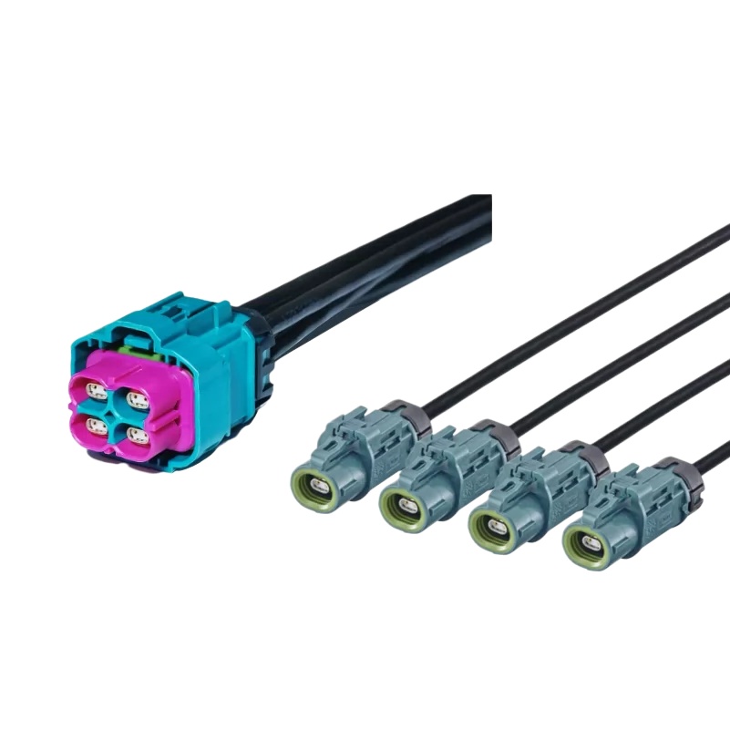 Elecbee Waterproof H-MTD Quad Jack <span class="highlight">E6K14D</span>-1CAZ5-Z to Single Jack <span class="highlight">E6K14A</span>-1CAZ5-Z*4 Automotive Ethernet Cable Assembly with 0.5M GG 2Speed 251 Wire 100Ω Shielded Twisted Pair Cable