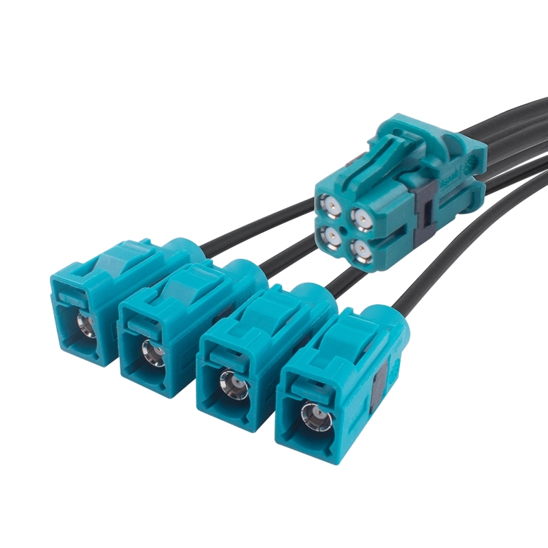 Elecbee MATE AX mini Fakra 4 in 1 Jack Z code to 4*Fakra Z Code Jack with 100cm RG174 cable High-speed data for ADAS, radar, and camera systems RF Coaxial Cable.