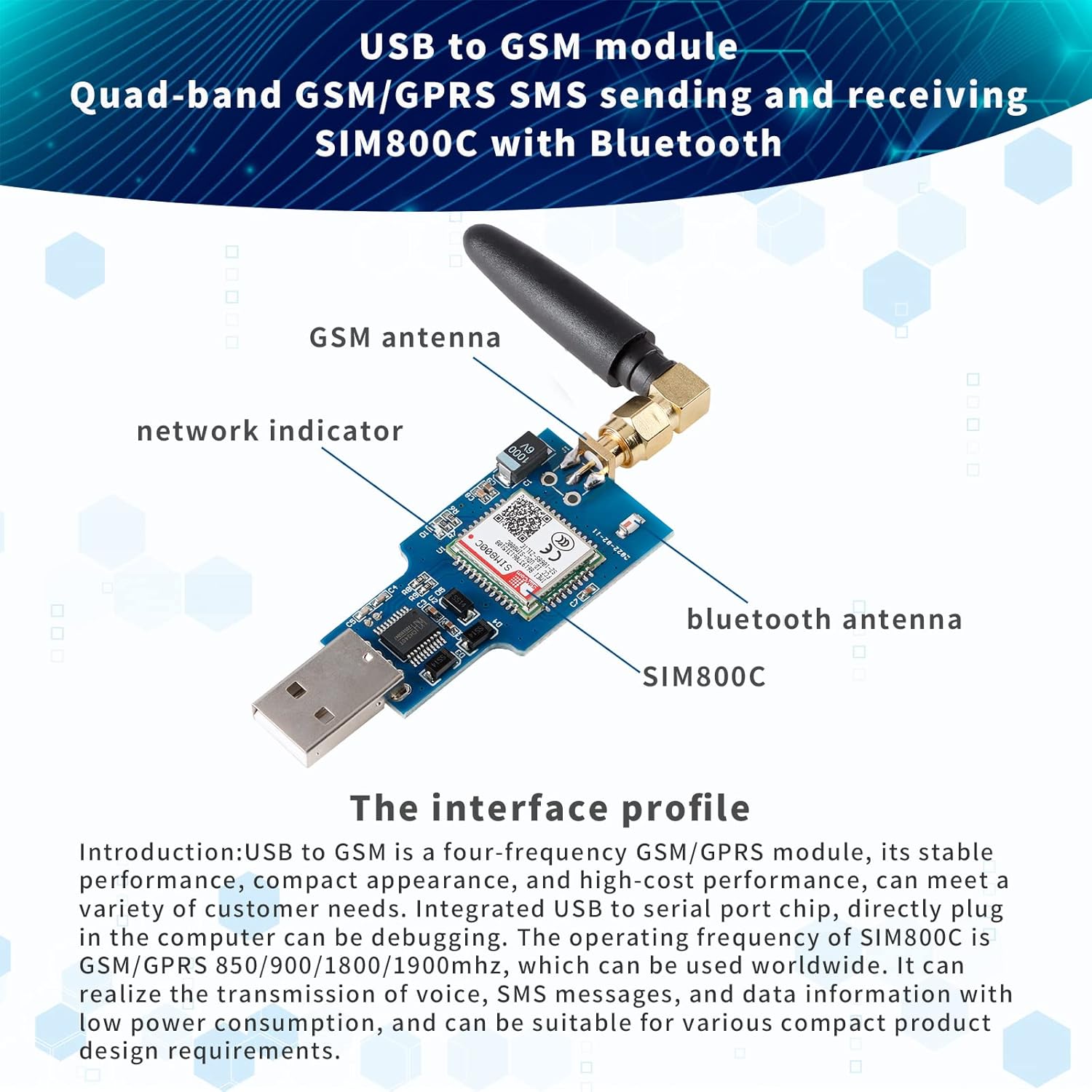 Elecbee 3pcs SIM800C USB to GSM Module Quad-Band GSM/GPRS Wireless Module Integrated USB to Serial Chip GSM/GPRS 850/900/1800/1900MHz Support 2G/3G/4G Micro SIM Card/Bluetooth/SMS Data Transmission