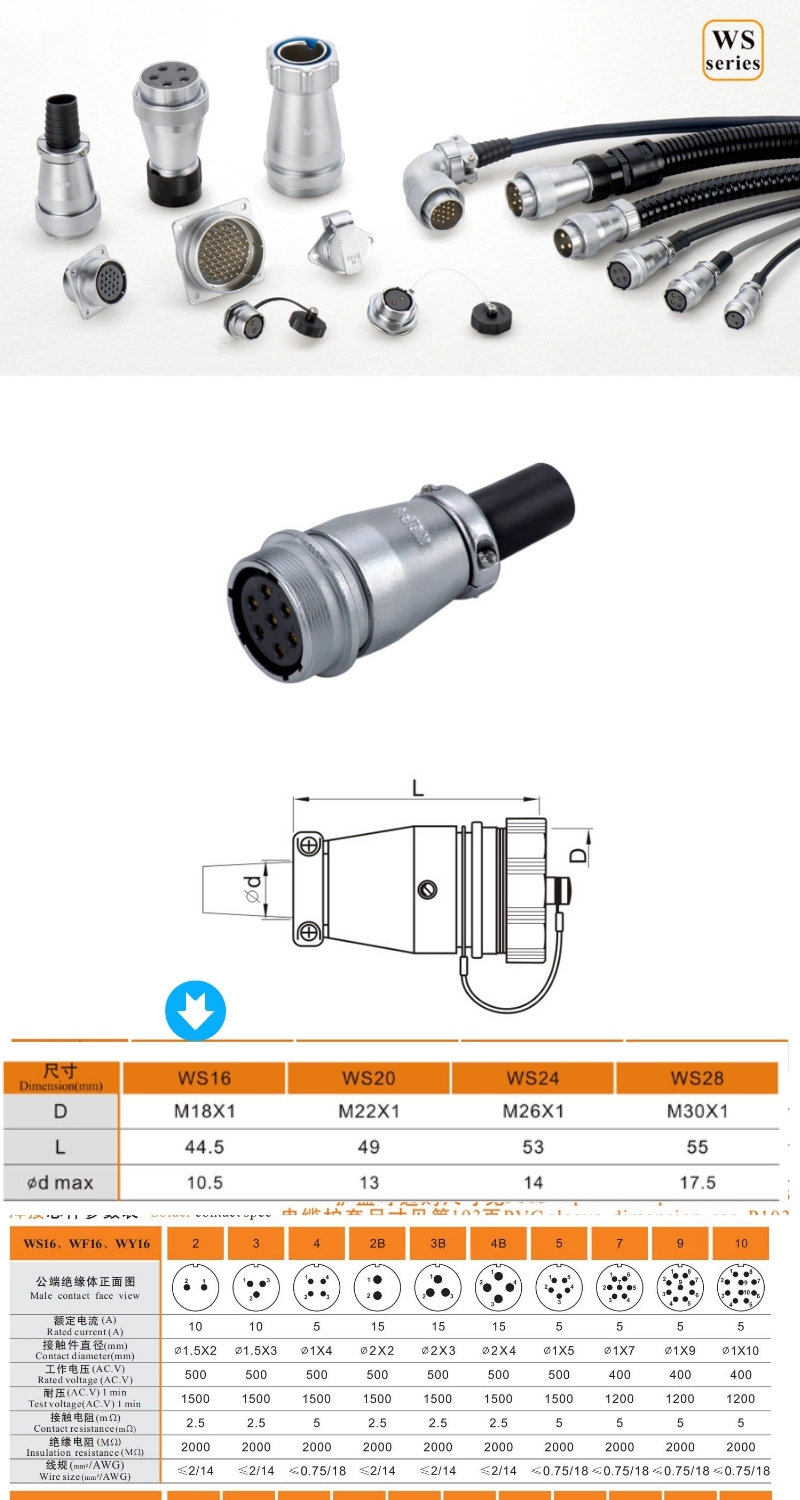Metal Aviation Connector WS Series Receptacle With PVC Sleeve WS16K2BZQB Straight 2Bpin Female Socket