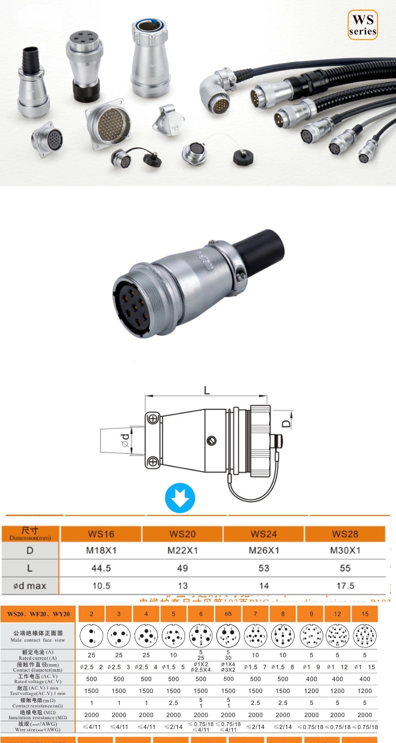 Metal Aviation Connector WS Series Receptacle With PVC Sleeve WS20J6BZQB Straight 6Bpin Male Socket
