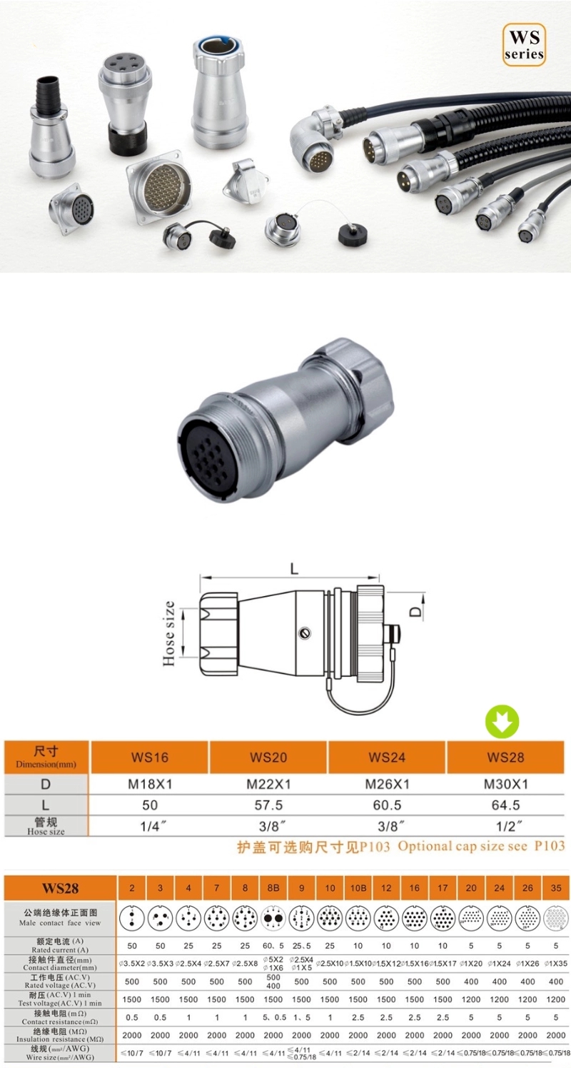 Metal Aviation Connector WS Series Plug With Metal Hose WS28J24TP Straight 24pin Male Plug