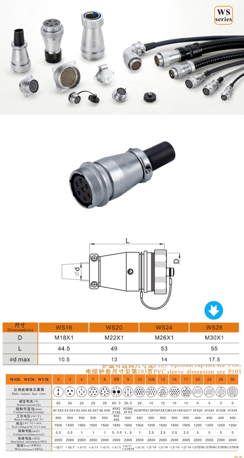 Metal Aviation Connector WS Series Receptacle With PVC Sleeve WS28J9ZQB Straight 9pin Male Socket