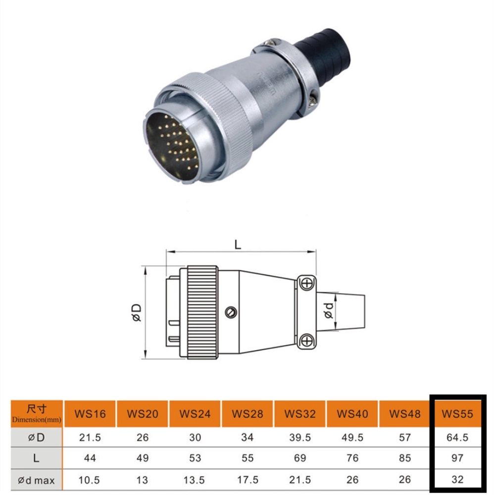 Metal Aviation Connector WS Series Plug With PVC Sleeve WS55K53TQ Straight 53pin Female Plug