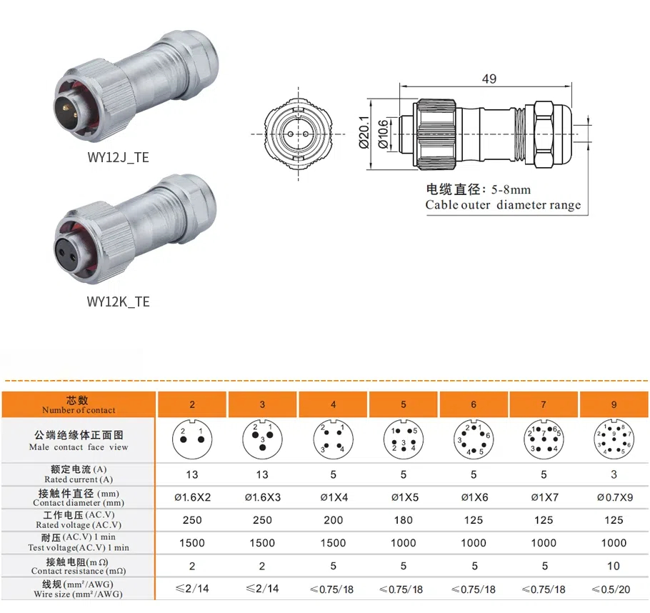 Metal Aviation Connector WY Series Plug with metal clamping-nut  Straight 3pin Male Plug
