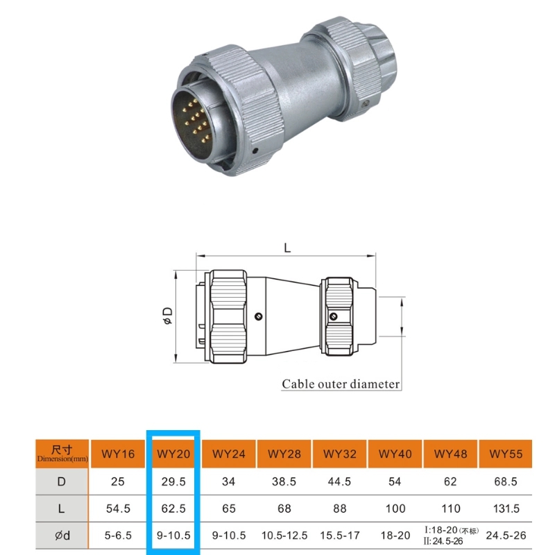 Metal Aviation Connector WY Series Plug with metal clamping-nut Straight 9pin Female Plug