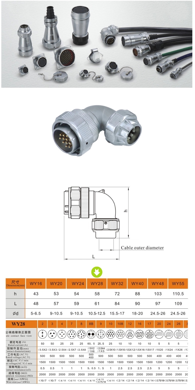 Metal Aviation Connector WY Series Plug with angled back shell and ...