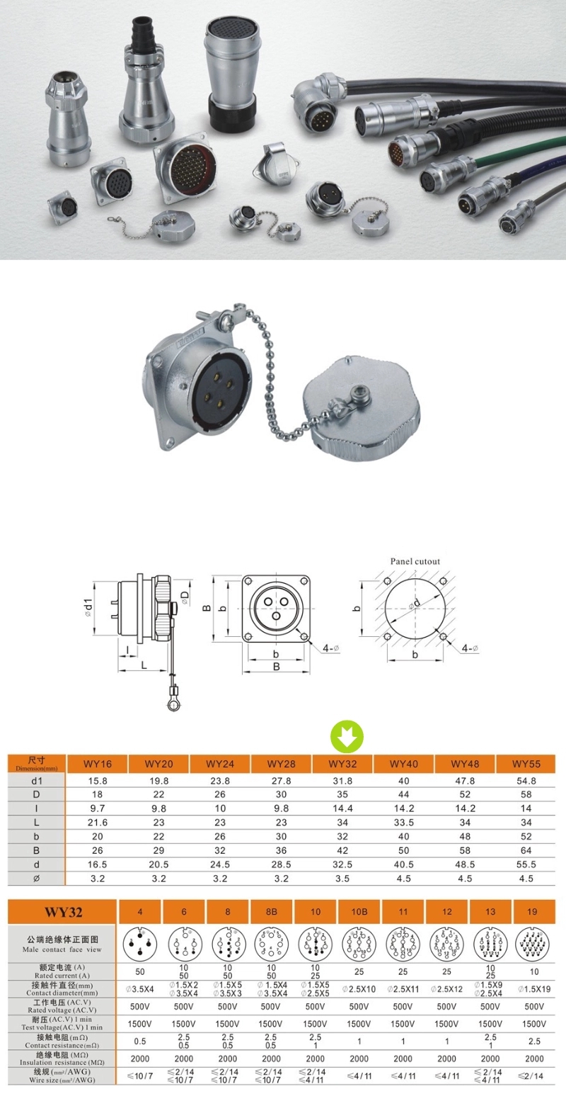 Metal Aviation Connector WY Series Receptacle With 4 Hole Flange Straight 19pin Female Socket