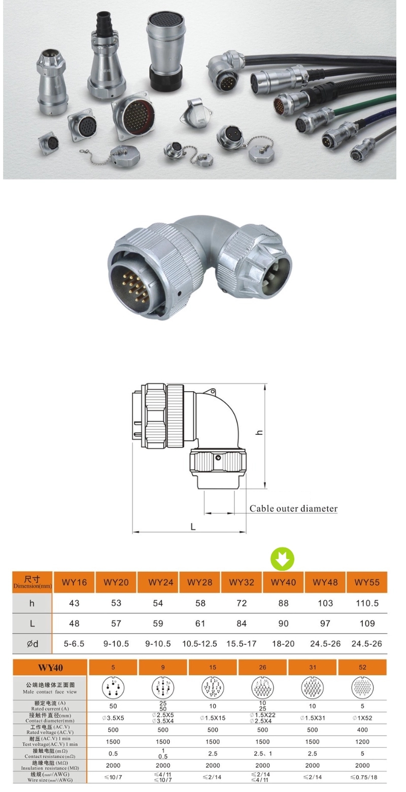 Metal Aviation Connector WY Series Plug with angled back shell and metal clamping-nut  Right Angled 26pin Male Plug