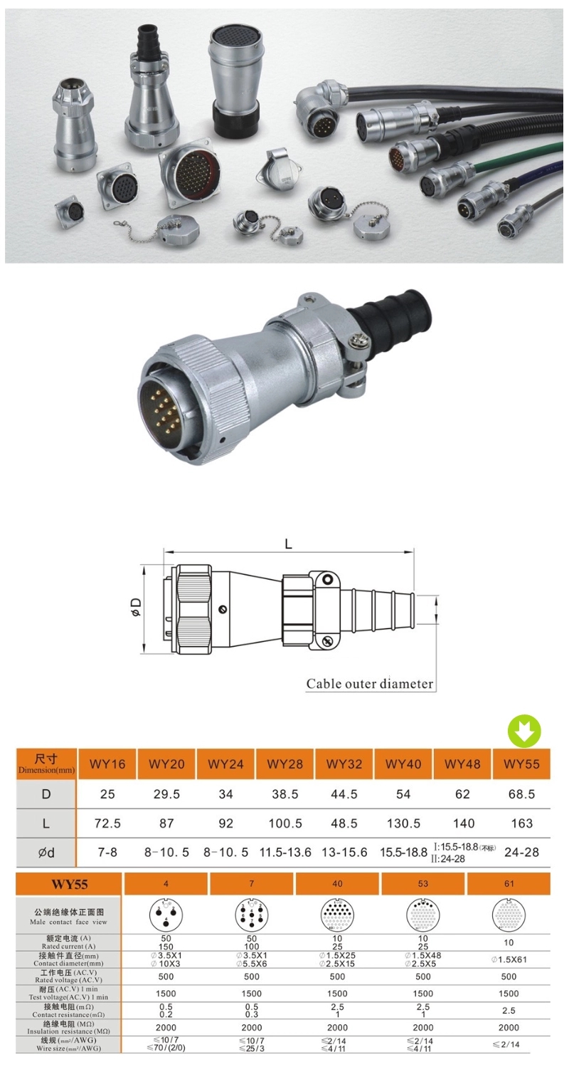 Metal Aviation Connector WY Series Plug with mctal clamping-nut  Straight 4pin Female Plug