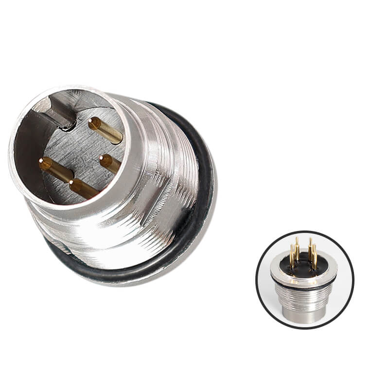 Elecbee M16 4pin panel receptacle front mount male contacts PCB dip-solder connection straight IP67 Industrial waterproof connector