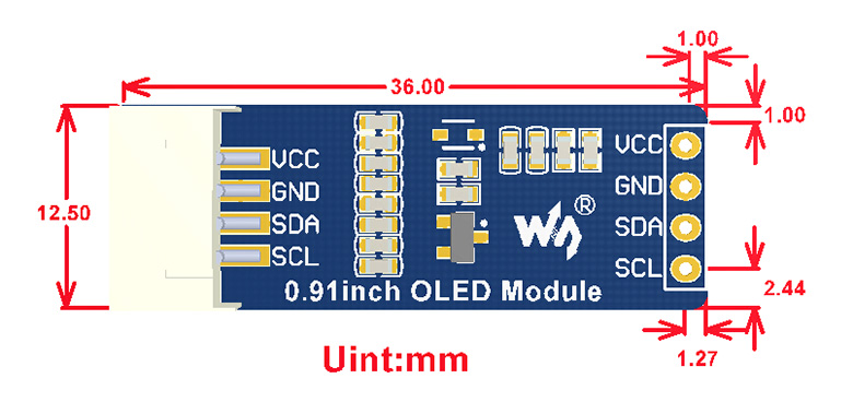 Wavesharereg-091-inch-White-OLED-Module-Expansion-Board-LCD-Screen-I2C-Interface-SSD1306-128x32-33V-1754208