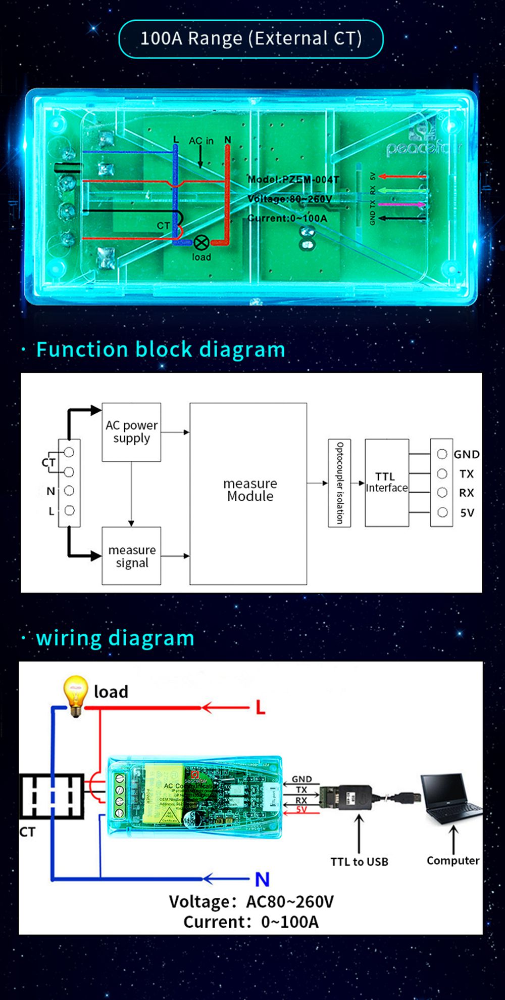 PZEM-004T-TTL-Modbus-RTU-Power-Voltmeter-Ammeter-AC-220V-10A100A-Electric-Volt-Current-Frequency-Pow-1565692