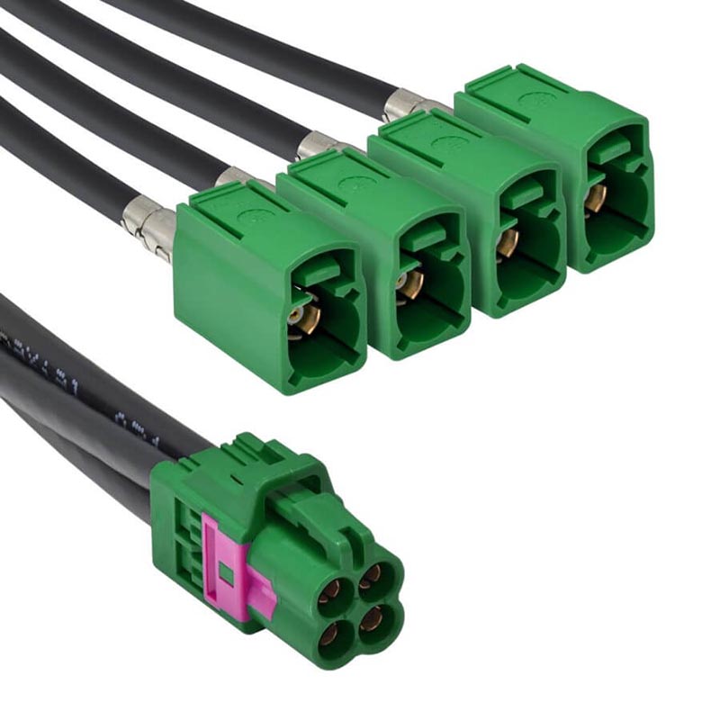 Elecbee Mini Fakra A Type Jack 4 in 1 to Fakra E Jack 4 Ports Green Vehicle Car Coaxial Cable Assembly Customize