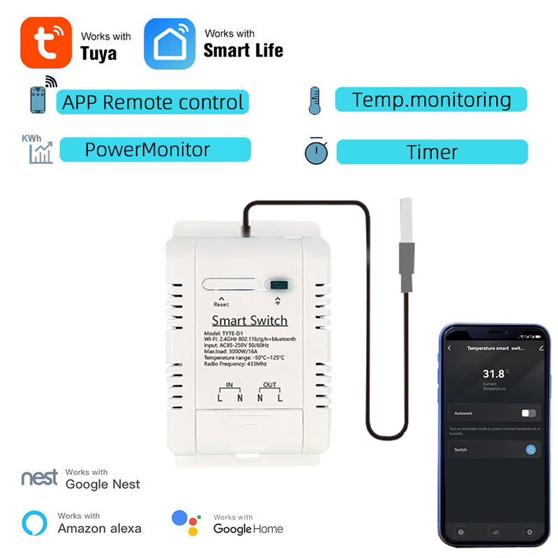 Elecbee 16A Tuya Smart WiFi Temperature Switch Intelligent Energy Circuit Breaker Real-time Temperature Measurement Timing&Schedule Function Voice Control with Alexa Google Home