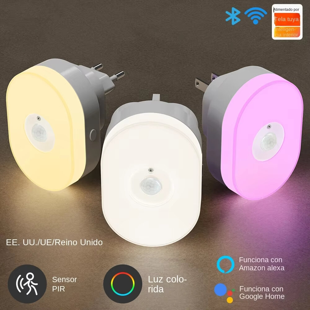 Elecbee 2-in-1 Tuya Smart WiFi LED Night Light PIR Motion Sensor EU/US/UK Plug Plug-in Wall Lamp Warm White Lighting Timing Function Voice Control with Alexa Google Home Assistant