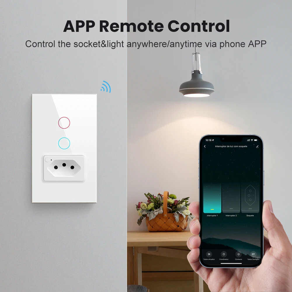 Elecbee Brazil Standard Tuya Zigbee3.0 Smart Wall Light Switch with Socket 4X2 Glass Panel Light Switch Smart Life Voice Control Via Alexa Google Home - 16A 1 Gang