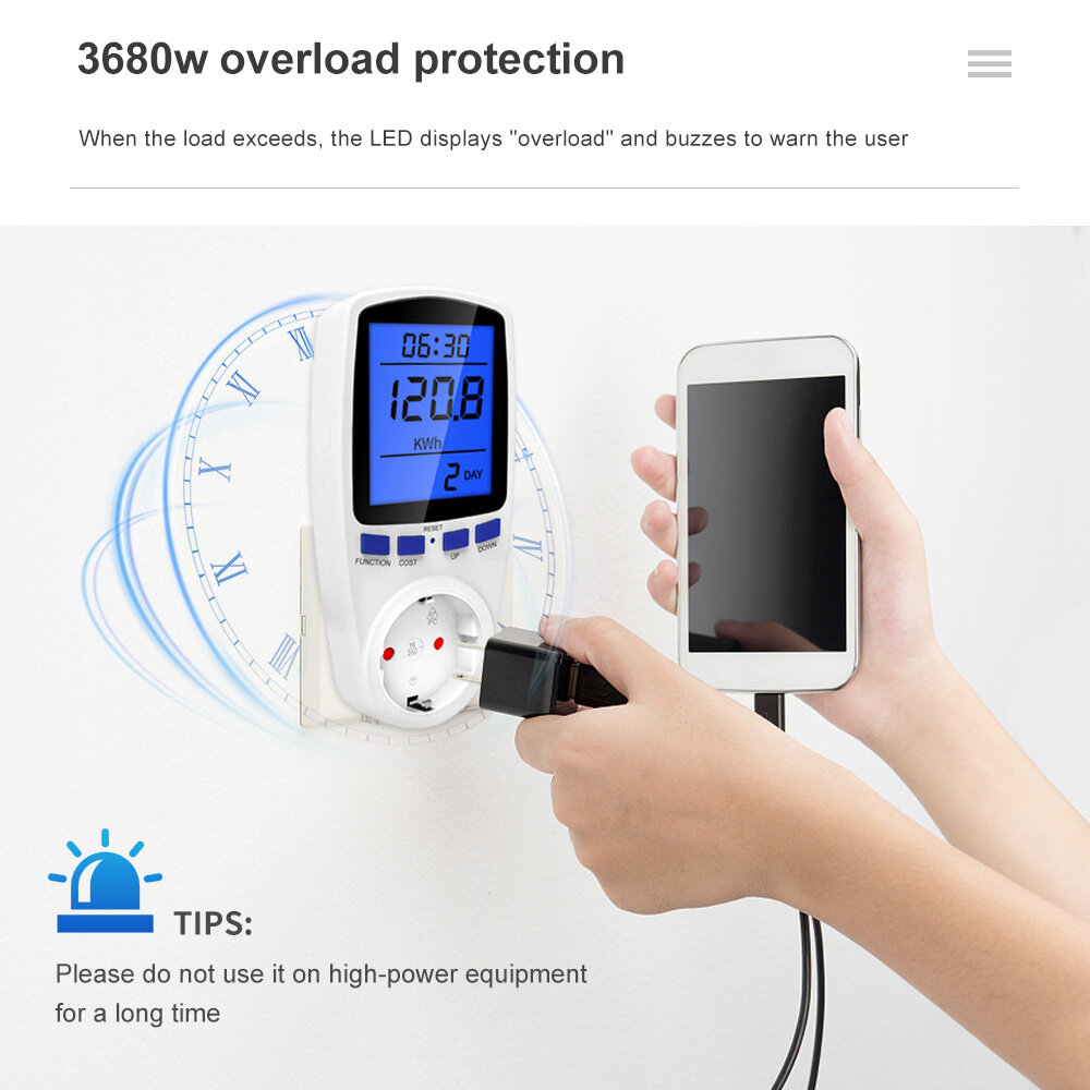 Elecbee Digital Voltage Wattmeter Power Meter Socket EU Plug 230V AC Wattage Kwh Energy Consumption Electricity Meter