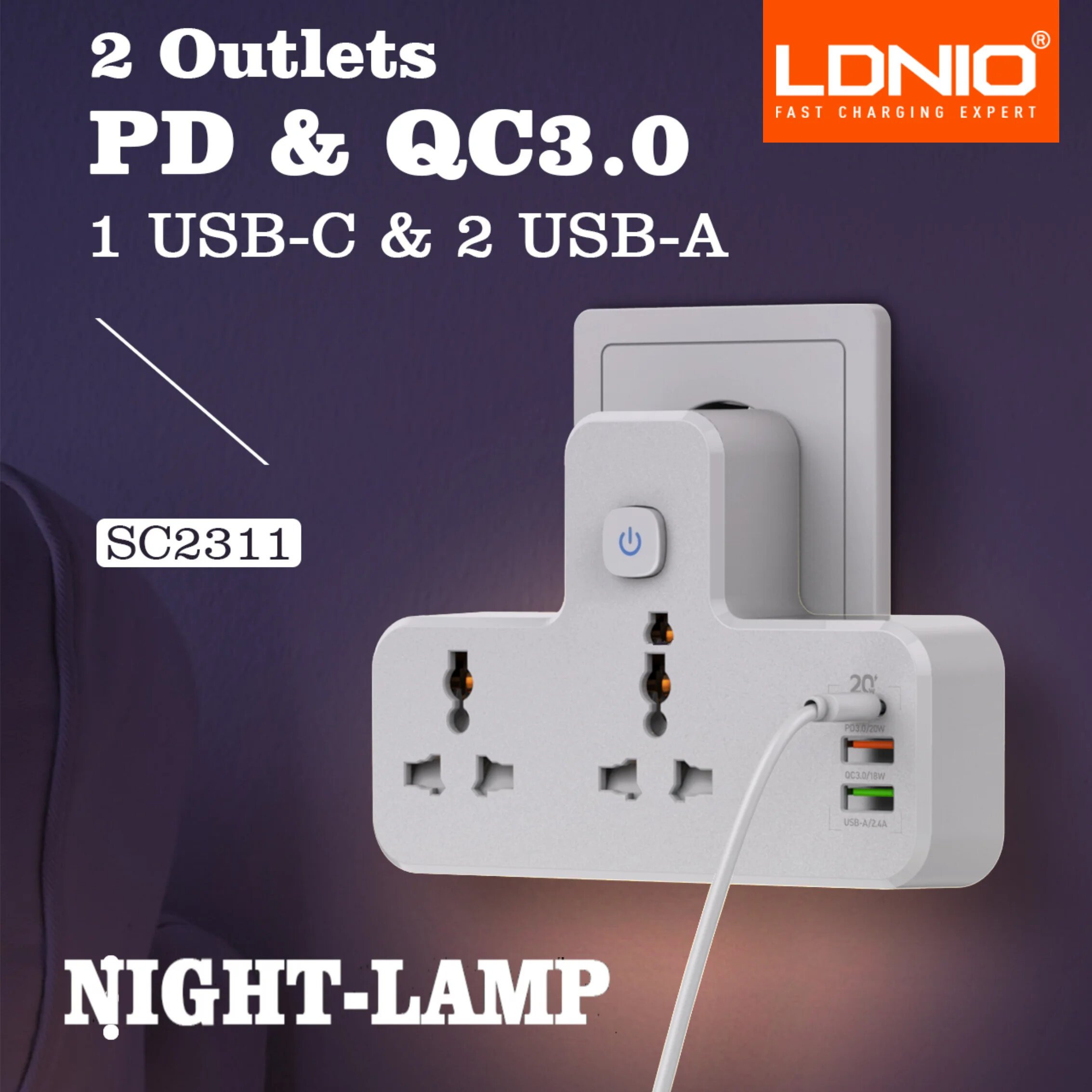 Elecbee LDNIO SC2311 Power Socket Universal 2 Outlets 20W PD QC3.0 3USB Wall Charger Power Strip Adapter Multiple Plug Expander - UK Plug